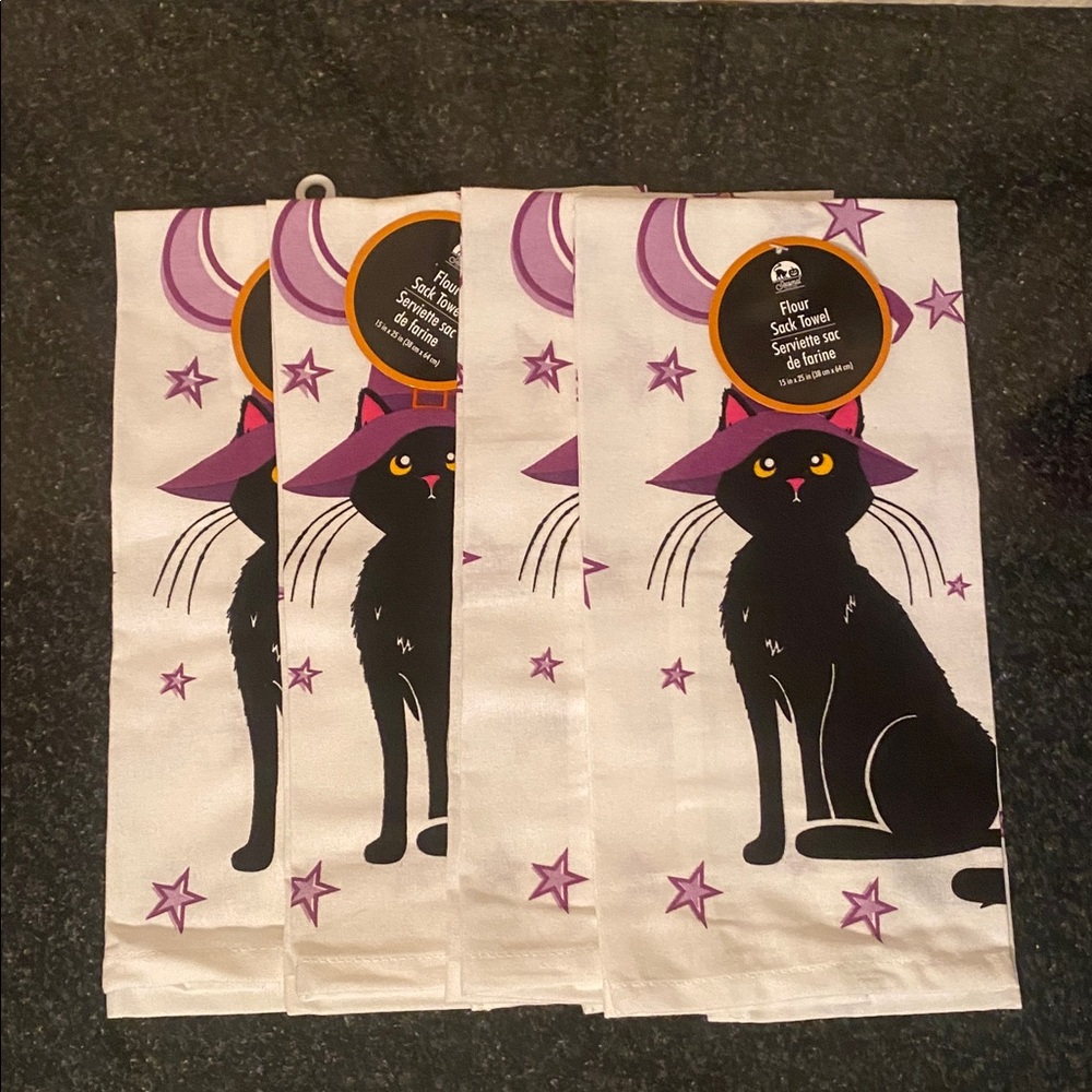 100% Cotton Halloween Black Cat Flour Sack Kitchen Towels Set of 4